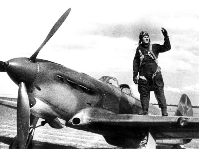 Soviet ace Ivan Kalabushkin  on his fighter wing
