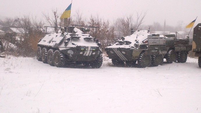 Ukrainian APCs in December 2014. The identification marks - white circles and stripes