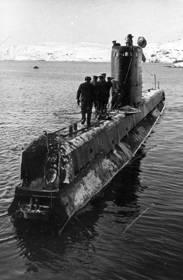 Damaged by the mine Soviet submarine M174, USSR fleet photo WWII