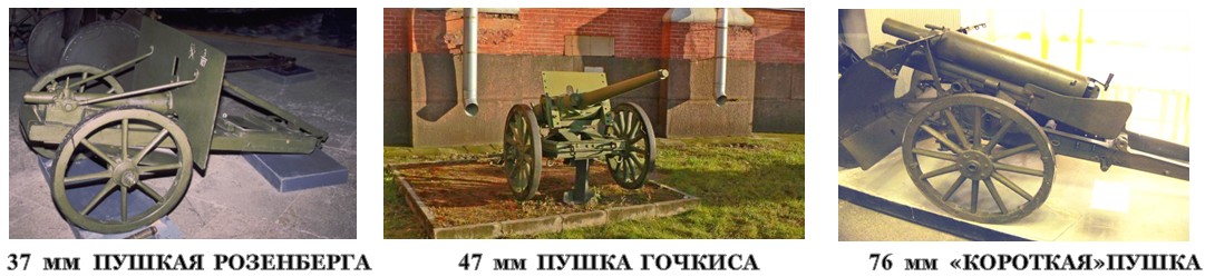 Первоначально в русской армии использовались 47мм одноствольные пушки Гочкиса, установленные на колесный лафет
