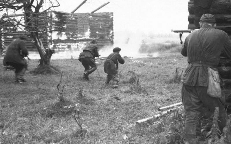 Фото ВОВ  советские Партизаны атакуют деревню