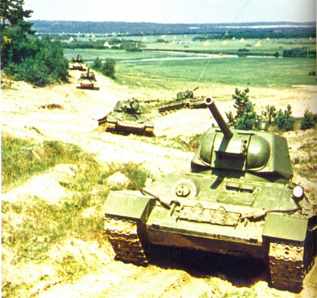 Soviet tanks T-34 and IS-2, color photo