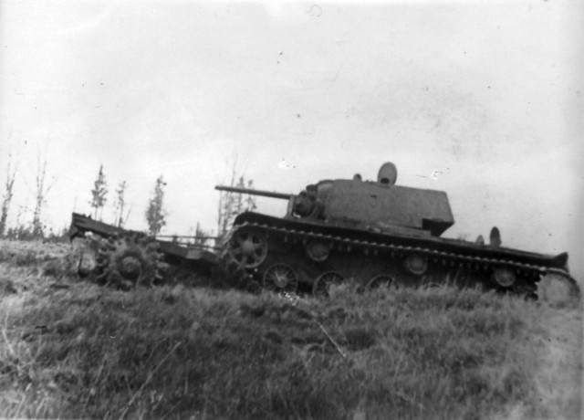 KV1 Soviet mineclearer tank with PT-3 in Karelia
