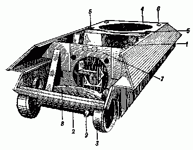 T-34 1— шахта наклонной подвески; 2— нижний наклонный лист; 3— картер бортовой передачи; 4— крыша над боевымотделением; 5— вырезы для шахты подвески; 6— крышка над заливной пробкой топливного бака